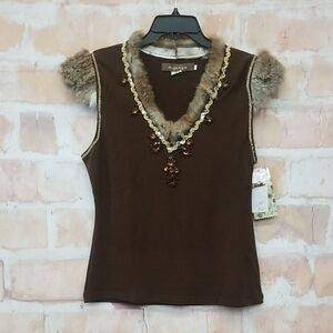Sugarlips Brown Top with Fur Trim Beads Rhinestones